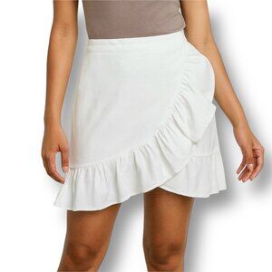 NWT After Market S White Denim Wrap Ruffle Mini Skirt Boho Cottagecore Festival